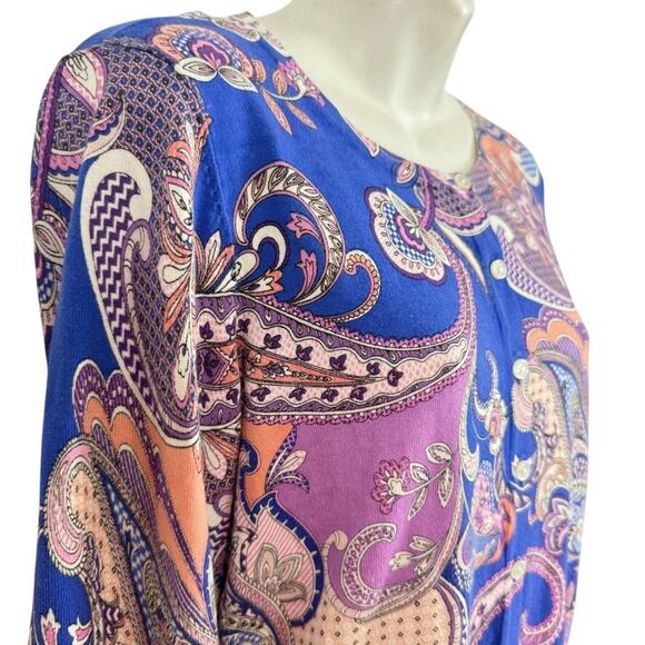 Talbots Womens Thin Violet Blue Paisley Floral Cardigan Sweater Cotton Blend M - Picture 4 of 16